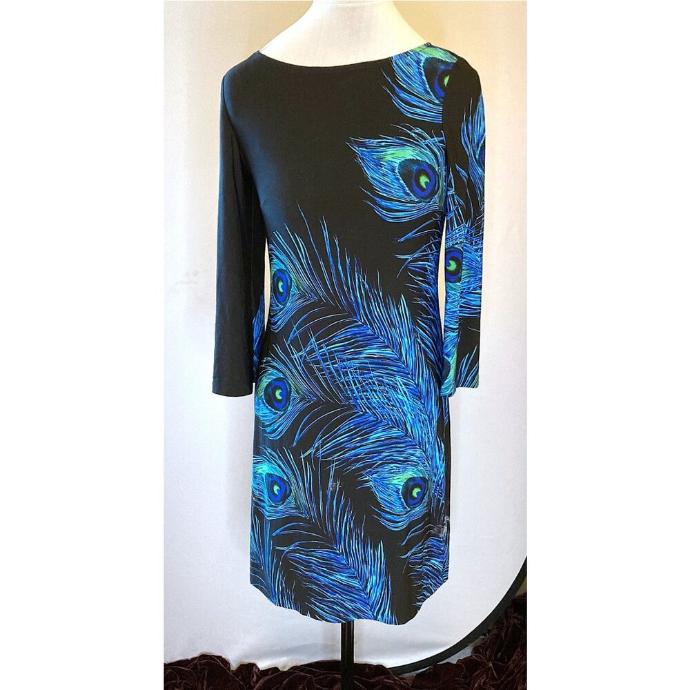 Muse black and peacock feather print shift dress with flared sleeves